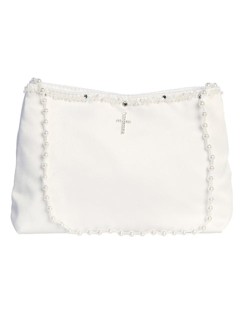 Tip Top Kids Girls White Rhinestone Cross Pocket Book Holy Communion Bag - SophiasStyle.com